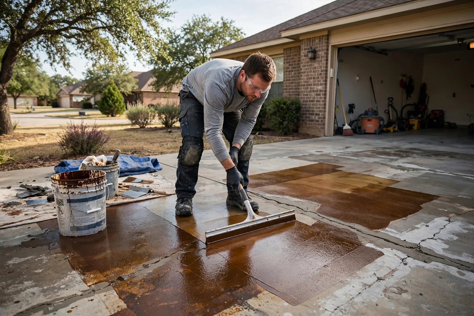 Technician spreading reactive stain across prepped concrete floor with a wide applicator