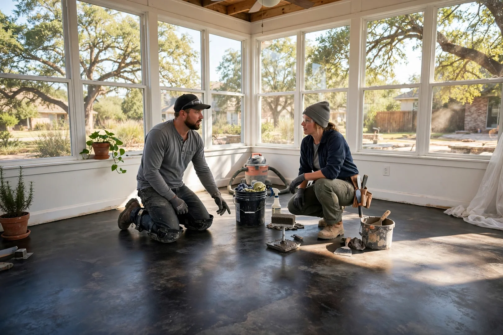Finished charcoal stained concrete floor in bright sunroom with afternoon light across surface