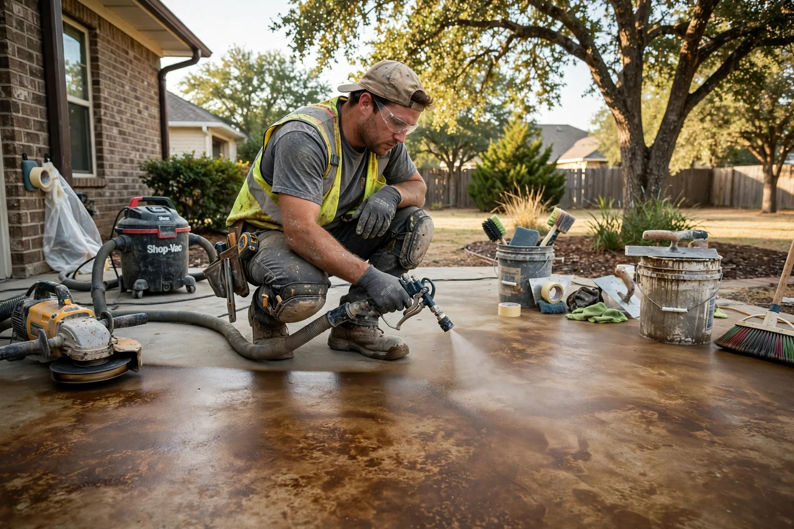 Acid stained concrete floor with mottled brown coloring after full surface restoration