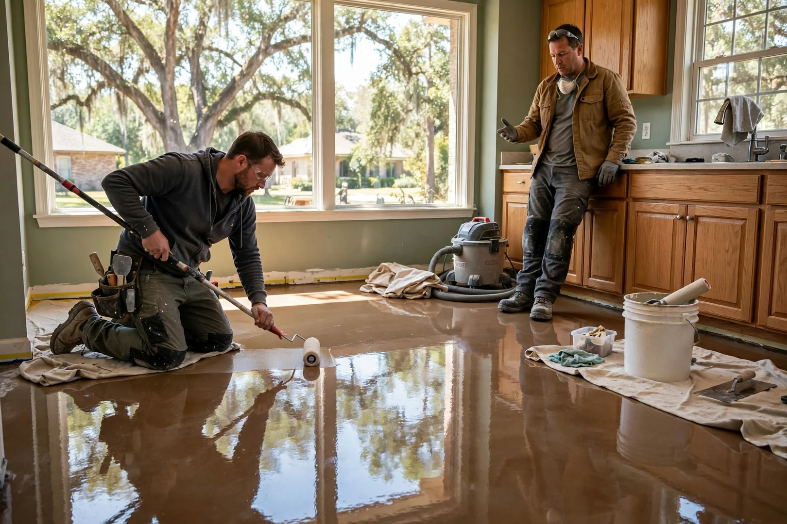 Sealed stained concrete kitchen floor reflecting natural light from nearby windows