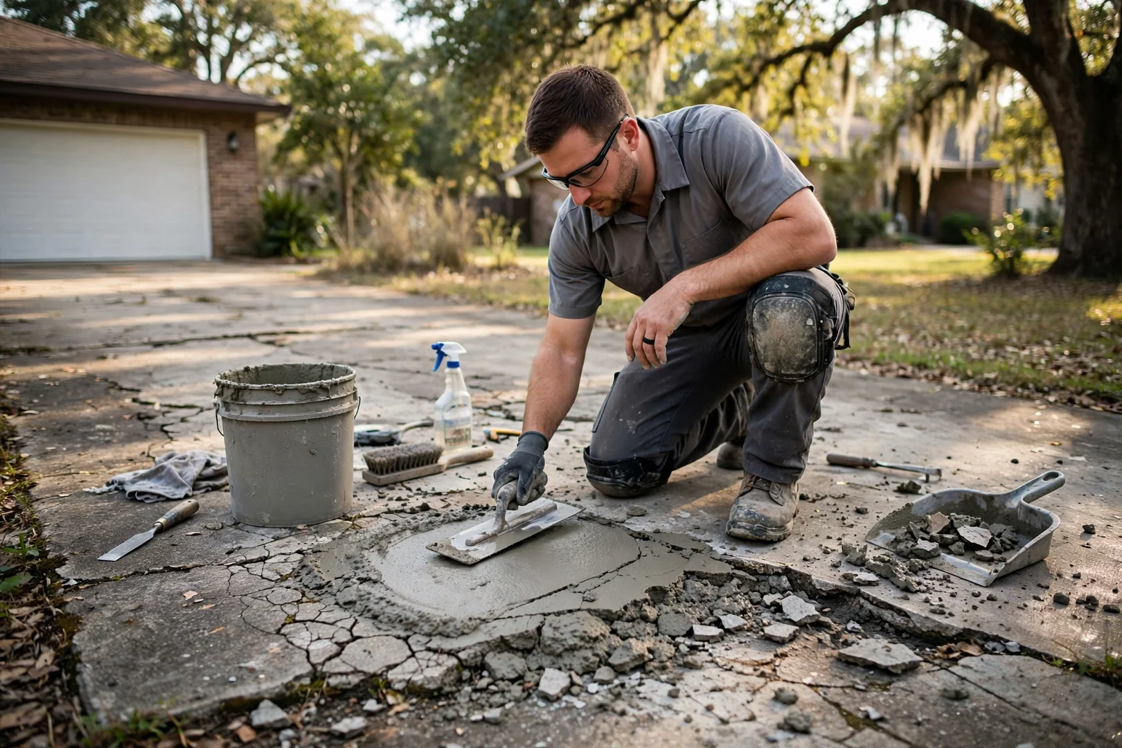 Contractor pressing a stone texture mat into freshly colored patio concrete