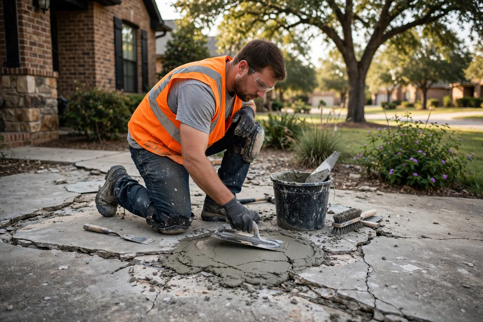 Homeowner reviewing stamped concrete pattern and color samples beside a finished backyard patio