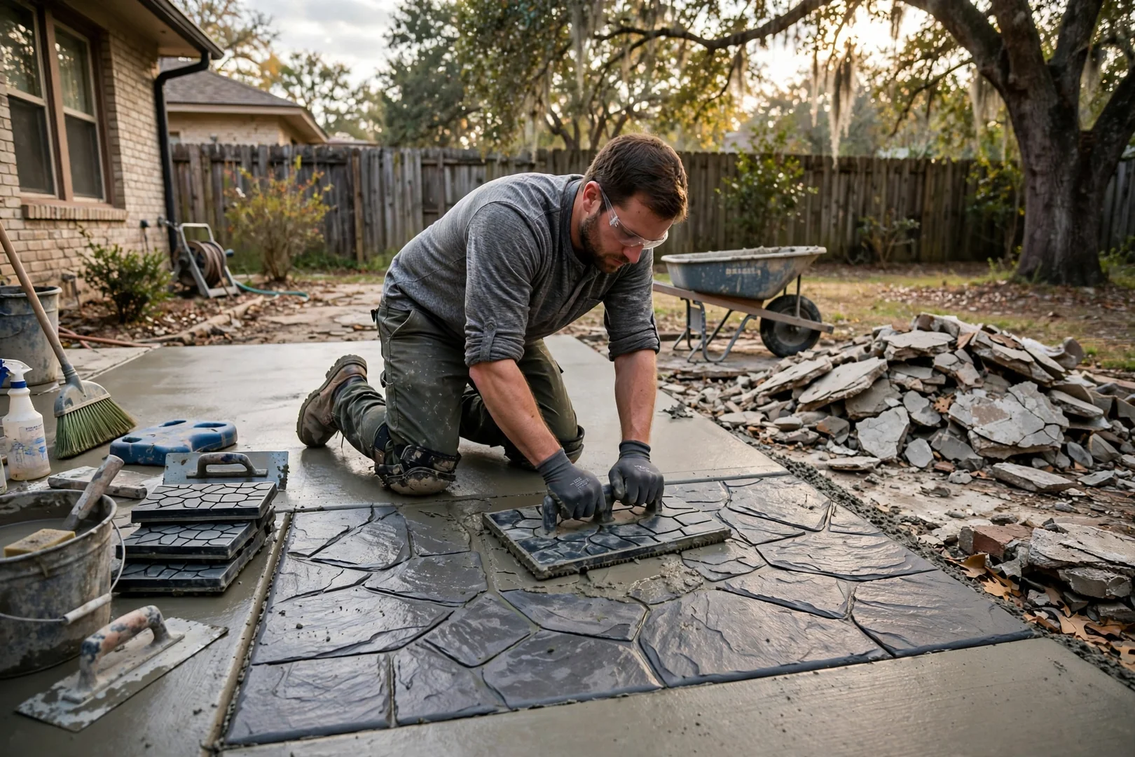 Freshly stamped concrete patio with slate texture pressed into a backyard slab