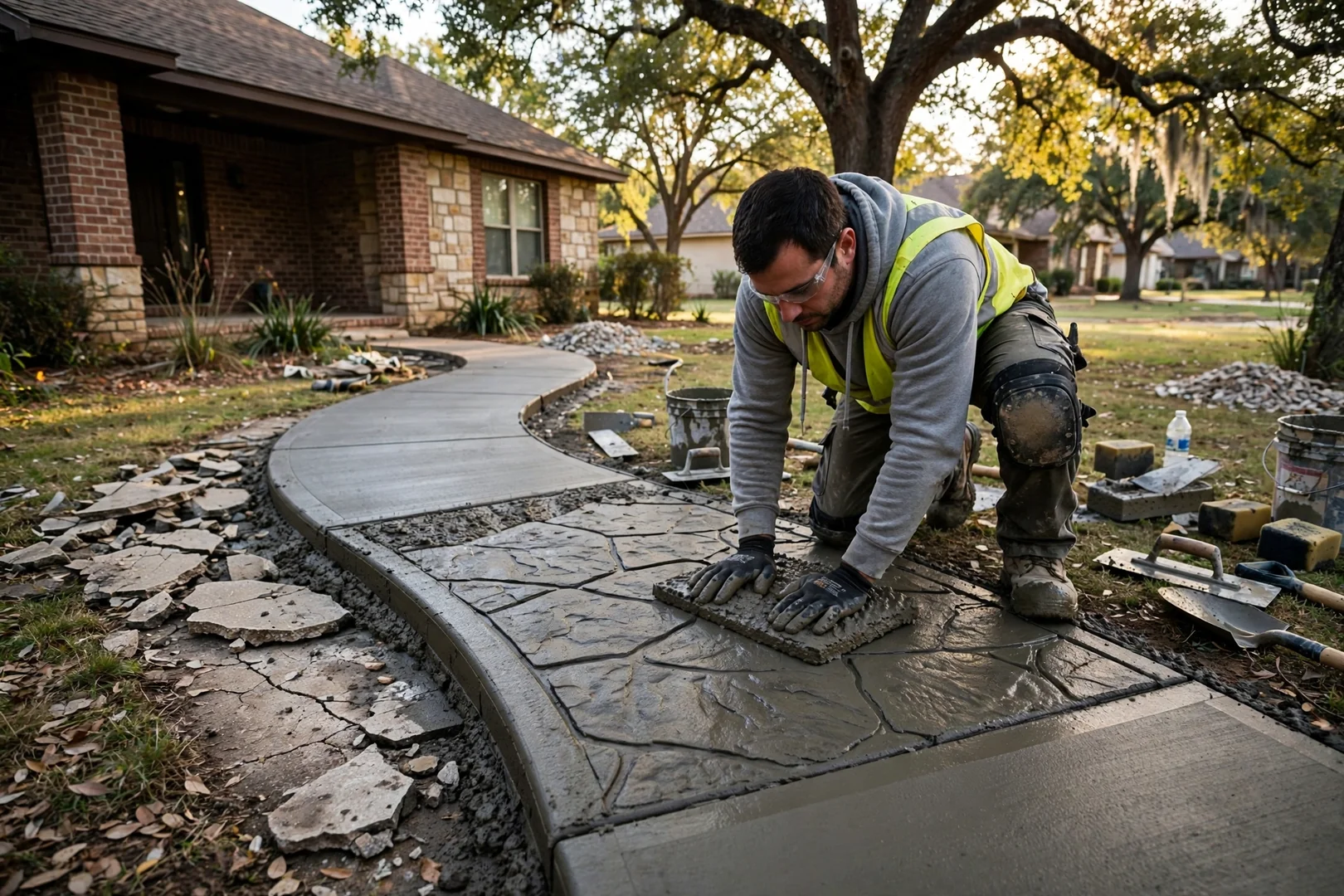 Crew member pressing a texture mat into wet concrete along a curved walkway