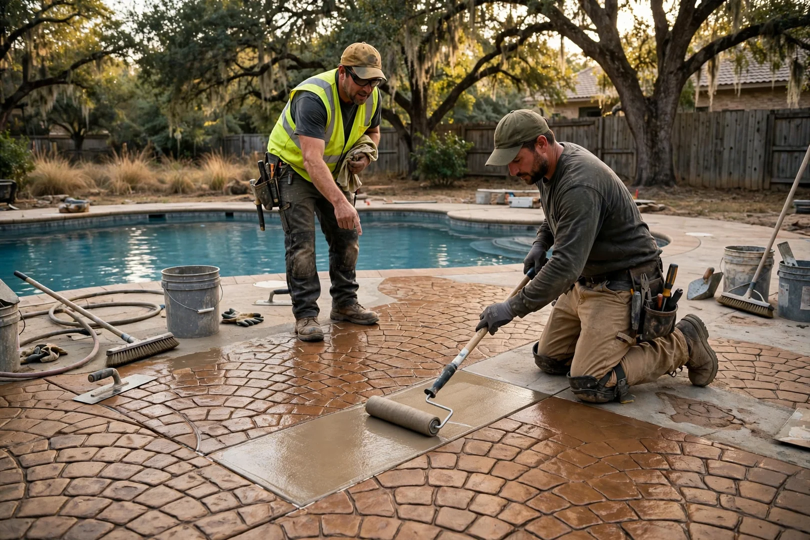 Sealed stamped concrete pool deck in a cobblestone pattern with warm earth tones