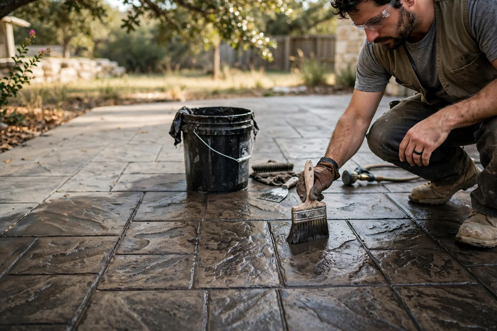 Close-up of ashlar slate stamped concrete patio with antiqued charcoal release color