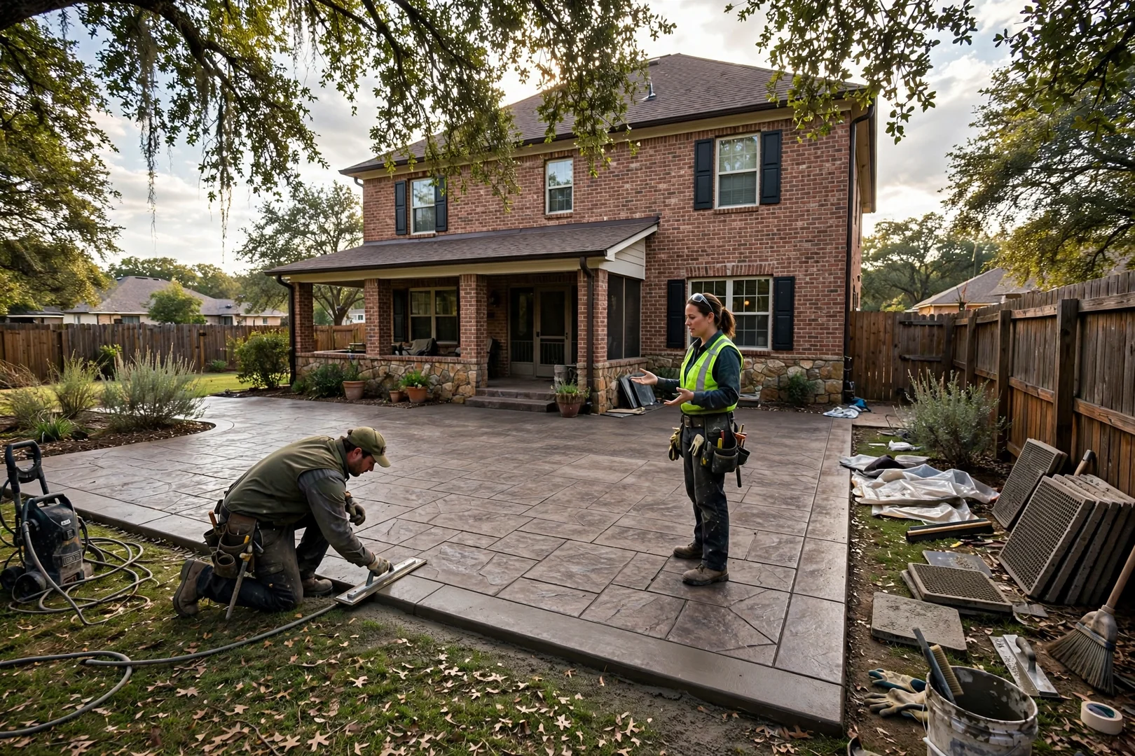 Wide view of restored stamped concrete backyard patio behind a Highland Village brick home