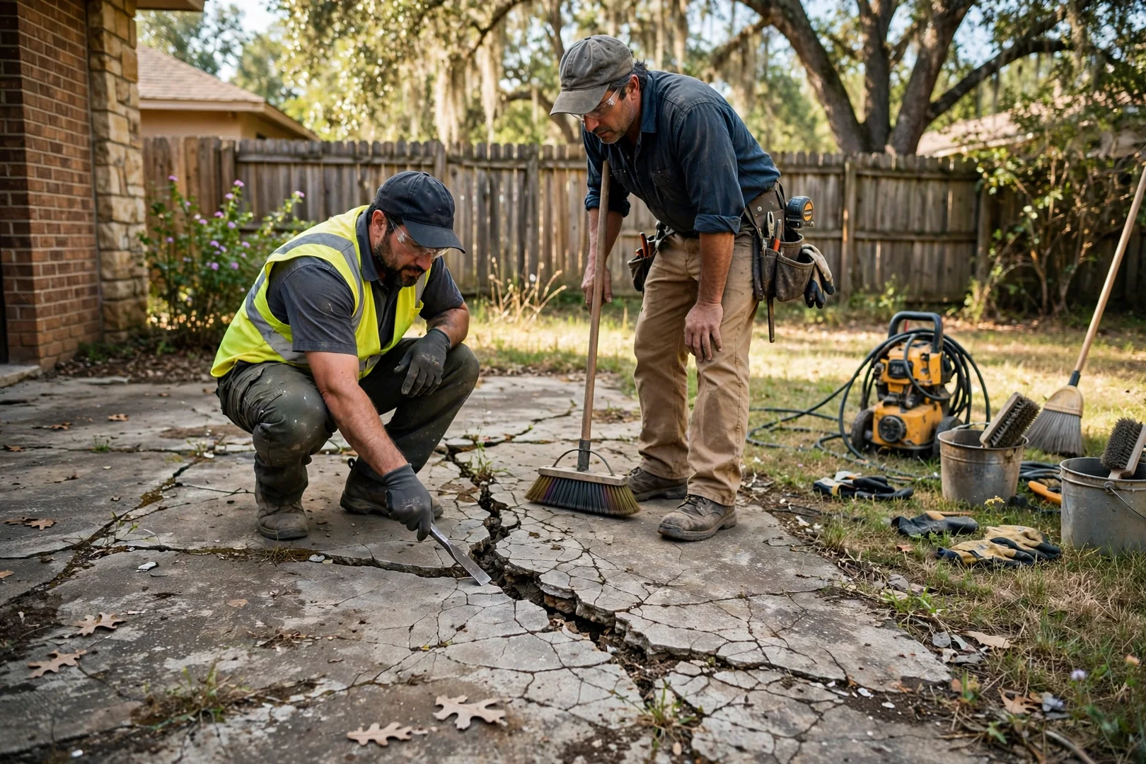 Cracked and faded old patio slab before stamped concrete overlay restoration begins