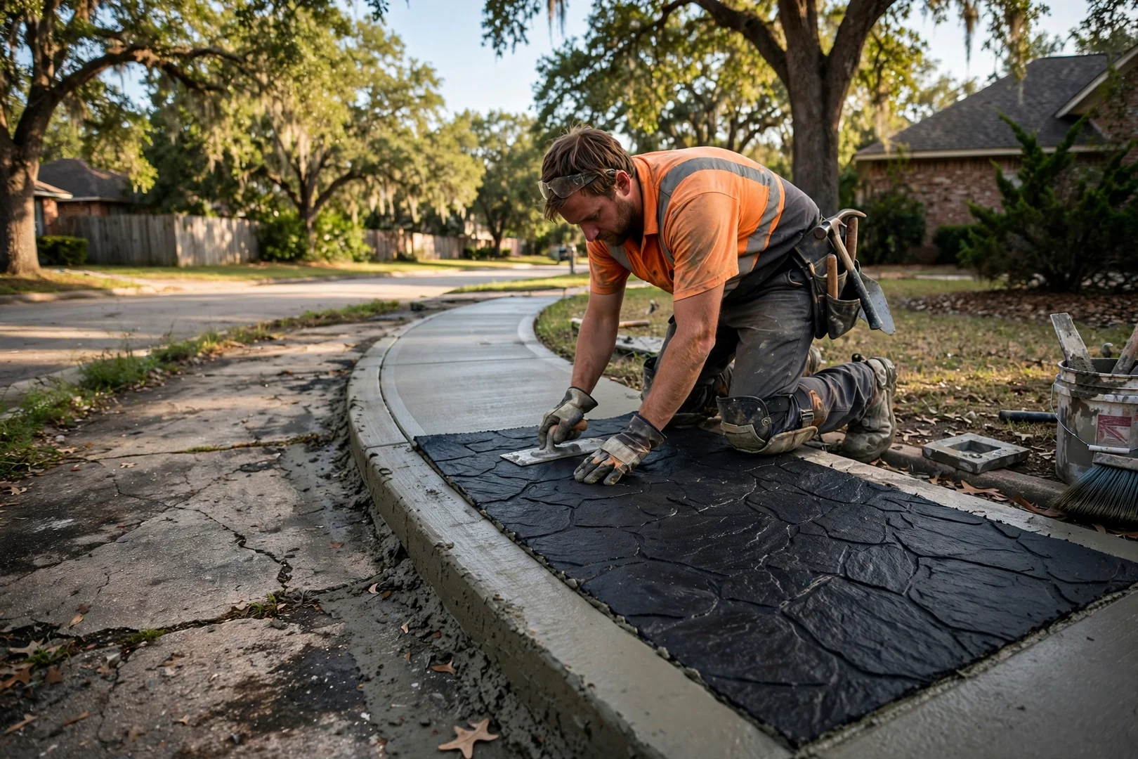 Worker pressing seamless texture skin mat into fresh concrete along a curved walkway