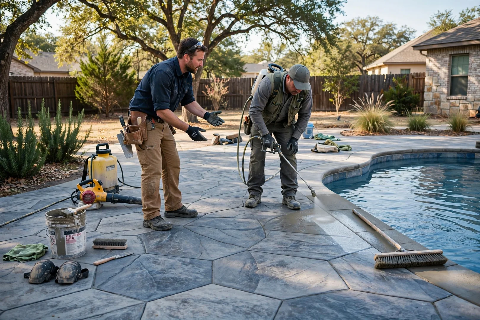 Finished stamped concrete pool deck with cool-toned flagstone pattern and clean joint lines