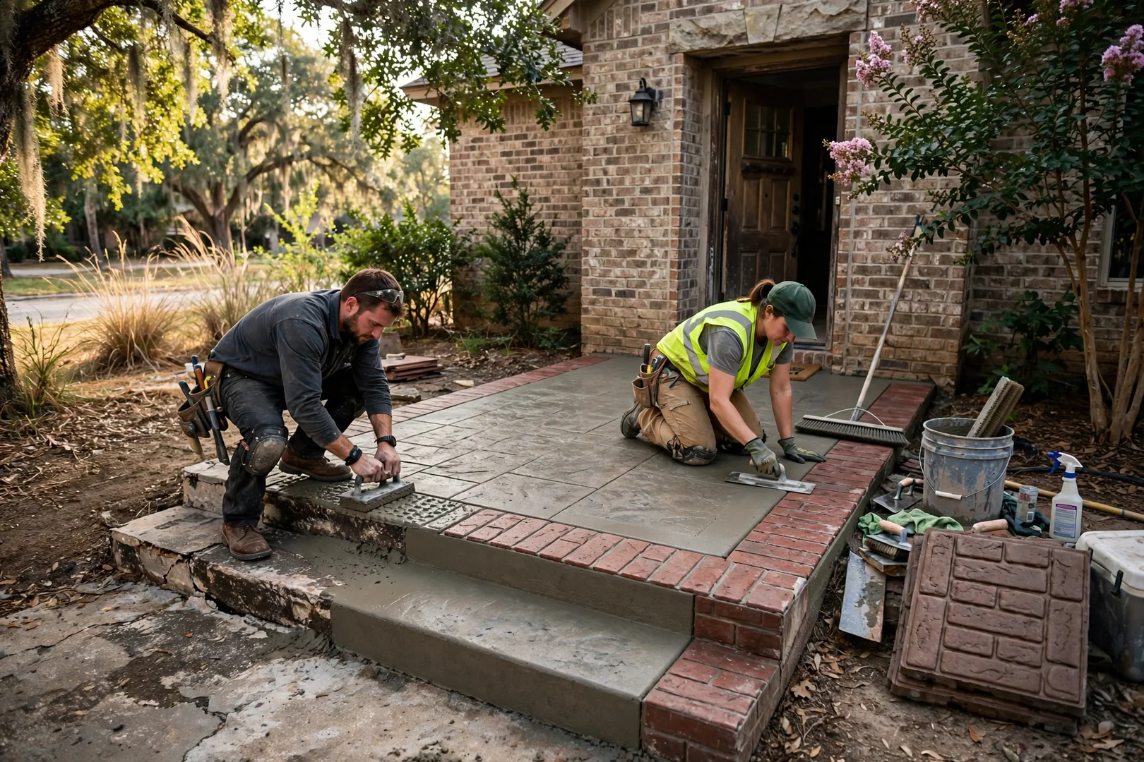 Stamped concrete front entry landing and steps with brick-pattern border detail