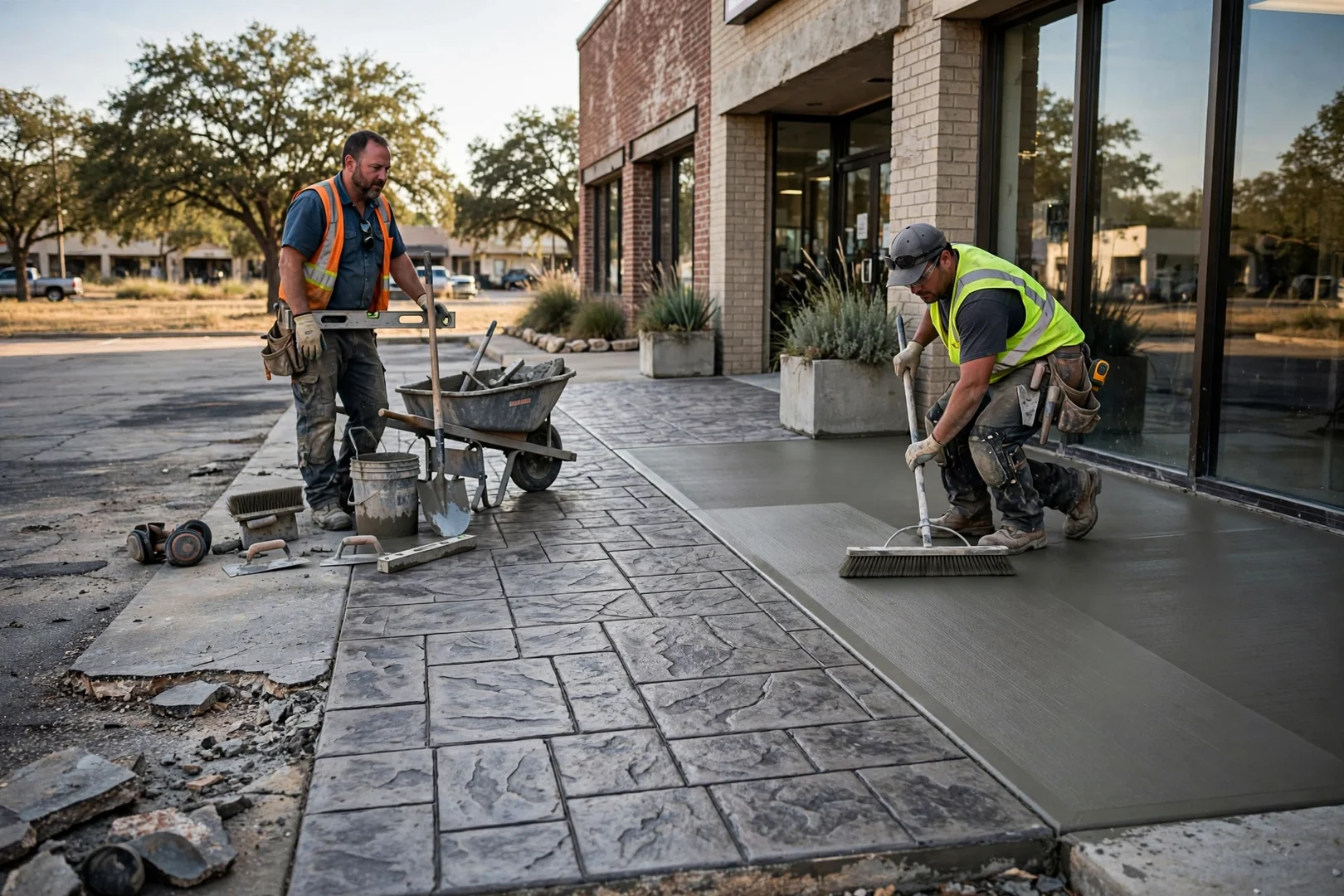 Commercial stamped concrete walkway leading to storefront entrance with broom-finish apron