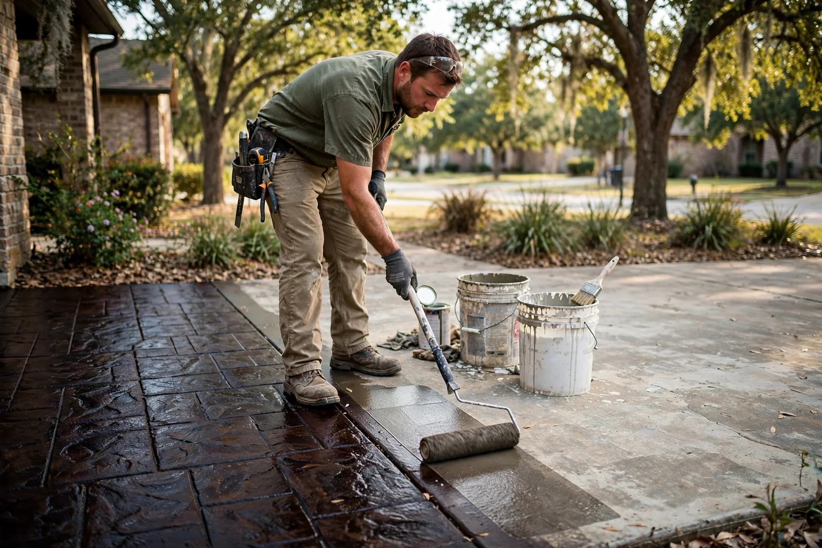 Sealer being rolled onto newly stamped concrete surface showing deepened color contrast