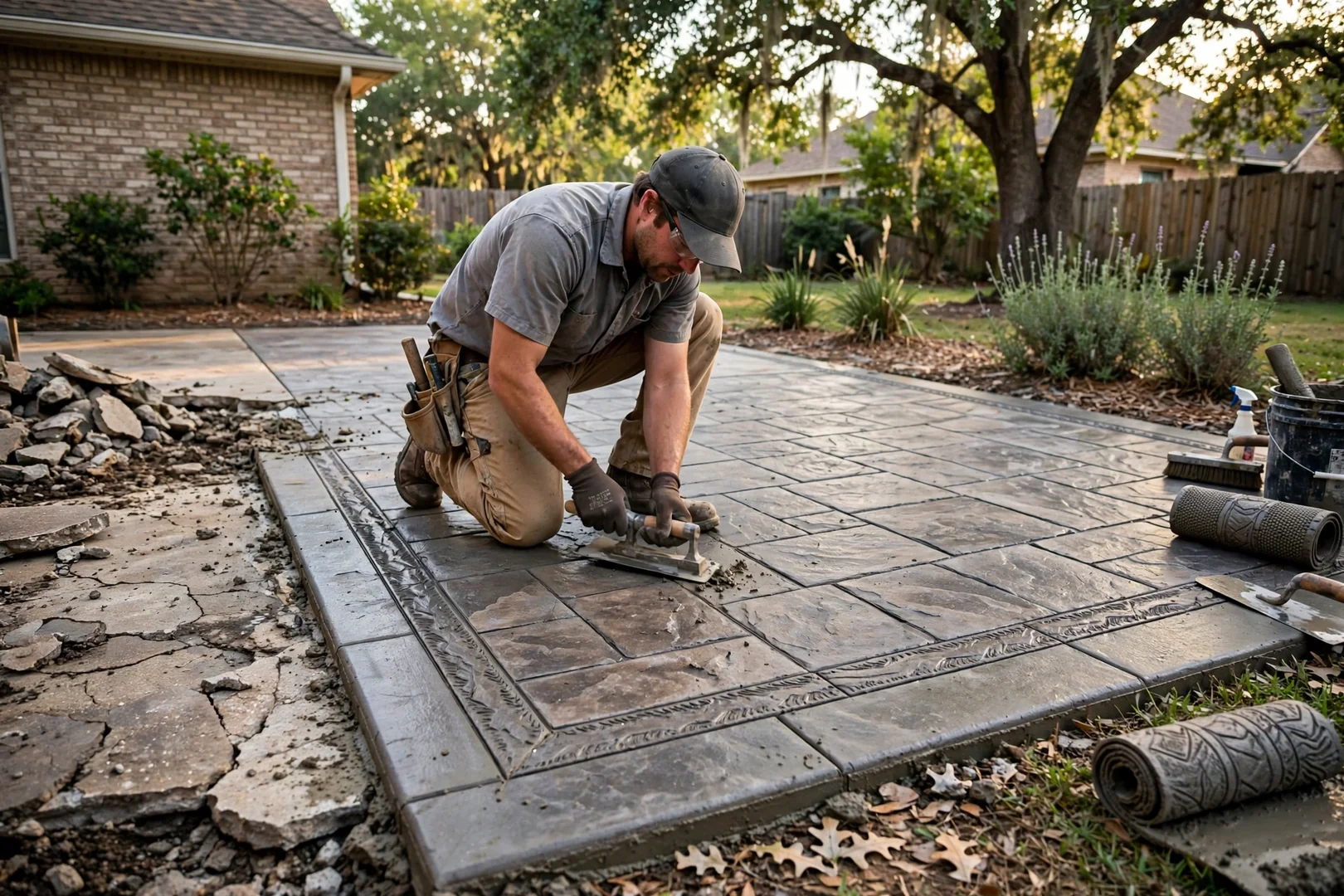 Freshly stamped patio showing ashlar slate pattern and hand-tooled border detail