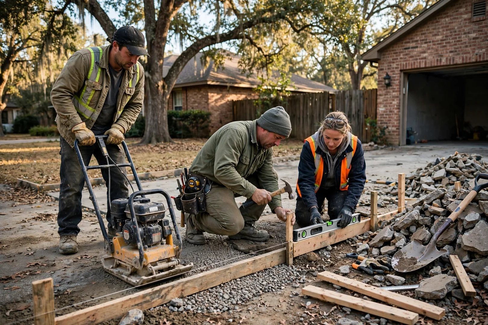 Crew compacting subgrade and setting forms before a decorative concrete pour
