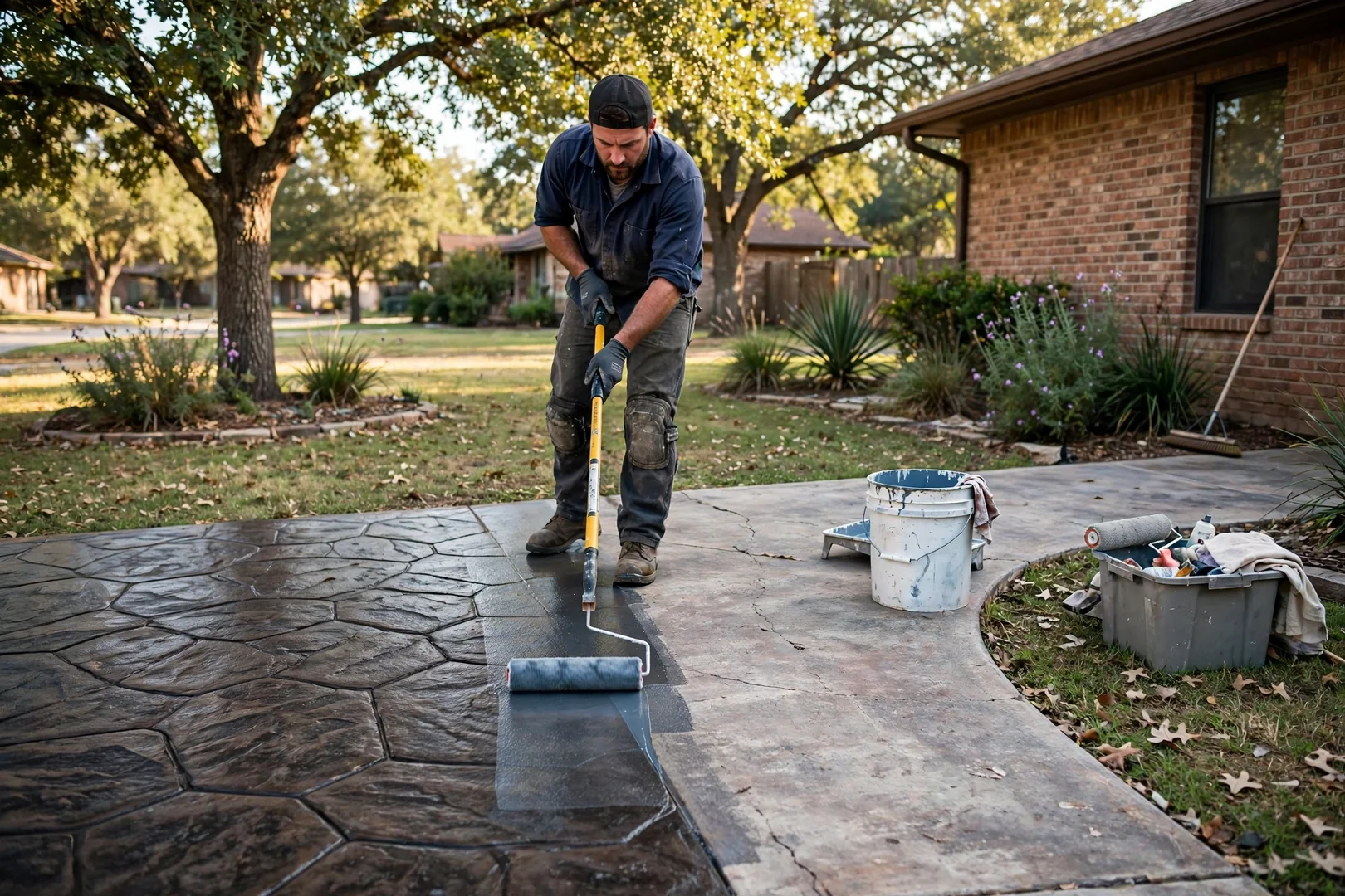 Sealer being rolled onto cured stamped concrete walkway at a local home